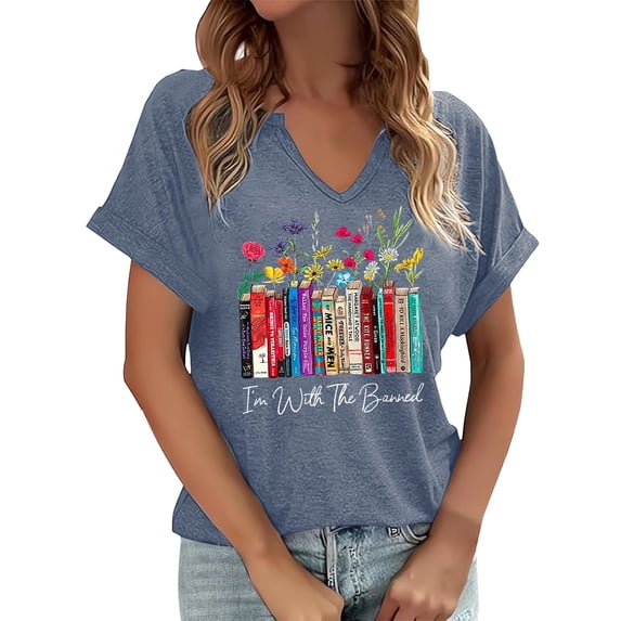 Wang6 Womens V Neck T Shirts Casual Short Sleeve Graphic Tees Summer Floral Letter Printed Loose Fit Tops Tees X_Blue XXL