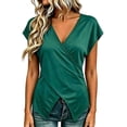 thumbnail image 1 of Wang6 Womens V Neck T Shirts Trendy Summer Short Sleeve Loose Fit Tops Causal Cross Neck Solid Tees Shirts 0625LiDark Green S, 1 of 4
