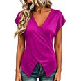 thumbnail image 1 of Wang6 Womens V Neck T Shirts Trendy Summer Short Sleeve Loose Fit Tops Causal Cross Neck Solid Tees Shirts 0625LiHot Pink S, 1 of 4