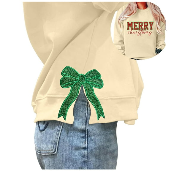 Wang6 Womens Whtie Graphic Sweatshirts Trendy Crew Neck Long Sleeve"Merry Christmas"Pullovers Casual Side Slit Hem Bow Tshirts Tops X_Beige XXL