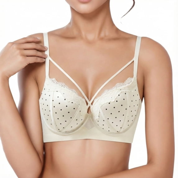 Wang6 Womens Wireless Push up Minimizer Bras Seamless No Underwire Bras Full Coverage Cross Bandage Polka Dots Printed Bralettes Tshirt Bra Beige L