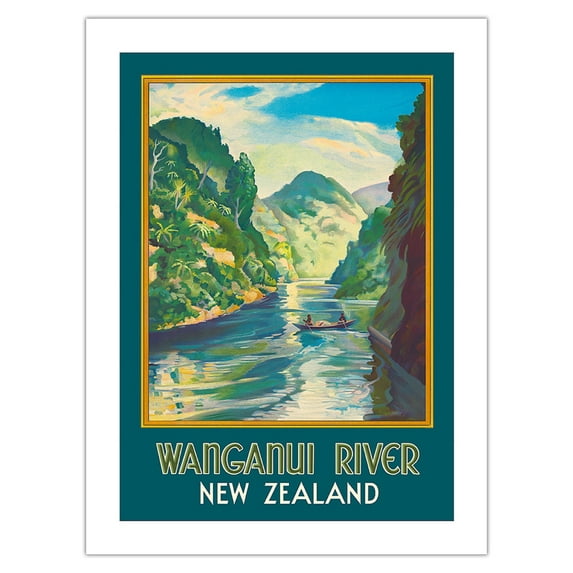 Wanganui River New Zealand - Gorge Boat Paddling - Vintage Travel Poster by John Holmwood c.1930 - Bamboo Fine Art 290gsm Paper (Unframed) 12x16in