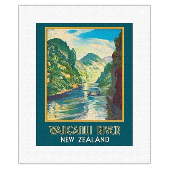 Wanganui River New Zealand - Gorge Boat Paddling - Vintage Travel Poster by John Holmwood c.1930 - Fine Art Rolled Canvas Print 11in x 14in