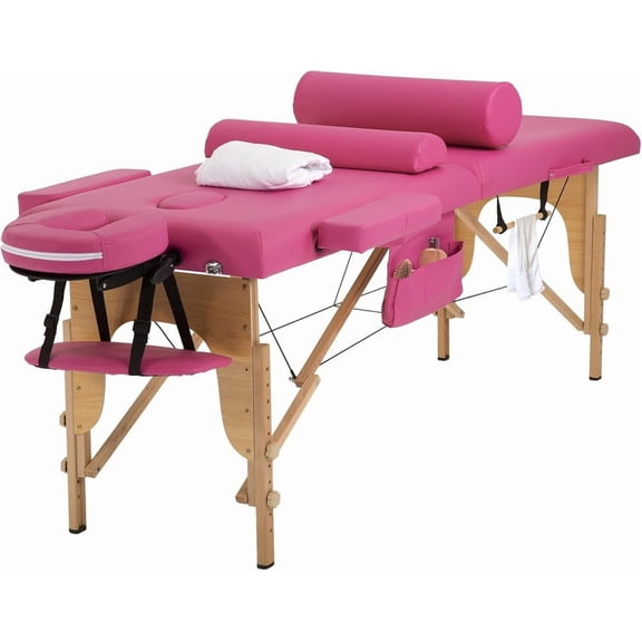 Wangbujianwang 24-inch Wide Portable Massage Table, Adjustable Salon Spa Bed with Carrying Case, Pink, Foldable for Professional Use