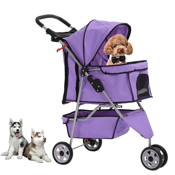 Wangbujianwang 3-Wheel Travel Pet Stroller, Folding Jogger for Small Medium Dog and Cat, Purple, Lightweight with Canopy and Basket