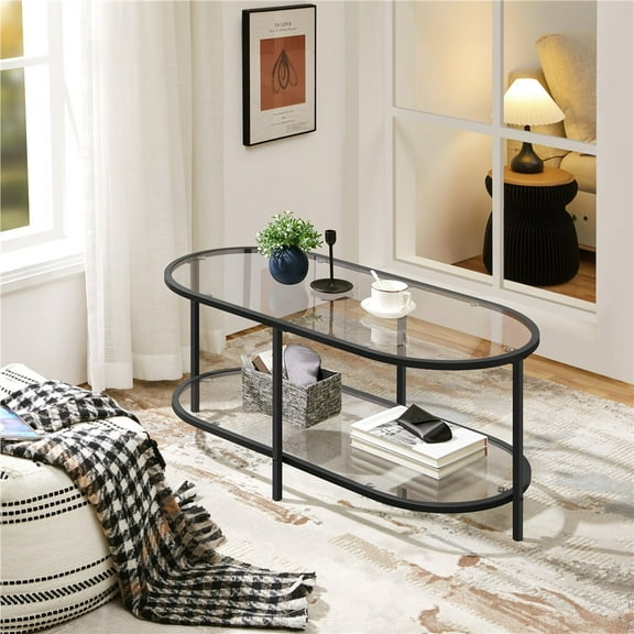 Wangbujianwang 42" Oval Glass Coffee Table for Living Room, 2-Tier Center Table with Storage Shelf for Small Space, Office,Black