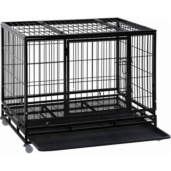 Wangbujianwang 42-inch Dog Crate Cage, Heavy Duty Kennel with Plastic Tray and Double Doors, Foldable Metal Pet Crate for Large Dogs