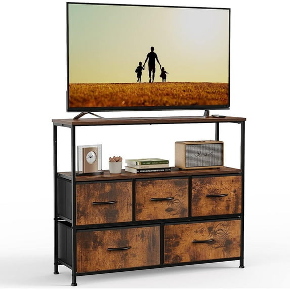 Wangbujianwang 5-Drawer Dresser,Fabric Storage Cabinet Open Shelves, Sturdy Dresser for Bedroom, Living Room, Entryway,Brown