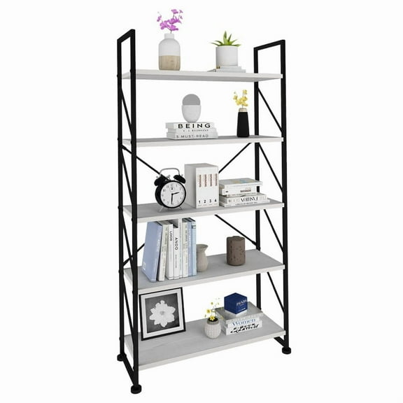 Wangbujianwang 5 Tier Tall Bookshelf, Metal Wood Vertical Display Book Shelf, Industrial 5 Shelf Bookcases and Book Shelves Storage Rack, Large Open Book Case for Bedroom ,62.2" Tall-White & Black