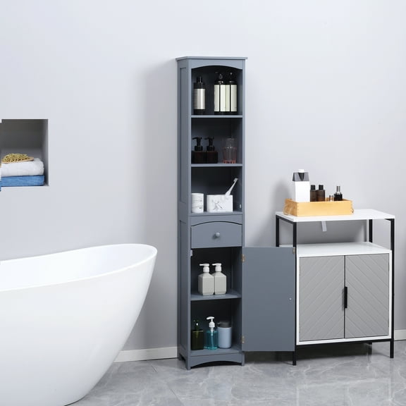 Wangbujianwang Bathroom Storage Cabinet, Free Standing Bathroom Storage Unit, Tall Linen Tower with 3-Tier Shelves and Drawer ,Grey