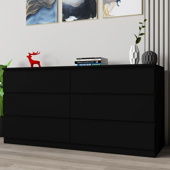 Wangbujianwang Black Dresser for Bedroom,Modern 6 Drawer Dresser with Deep Drawer,Wide Storage Chest of Drawers,Bedroom Storage Organizer Furniture,TV Stand for Living Room