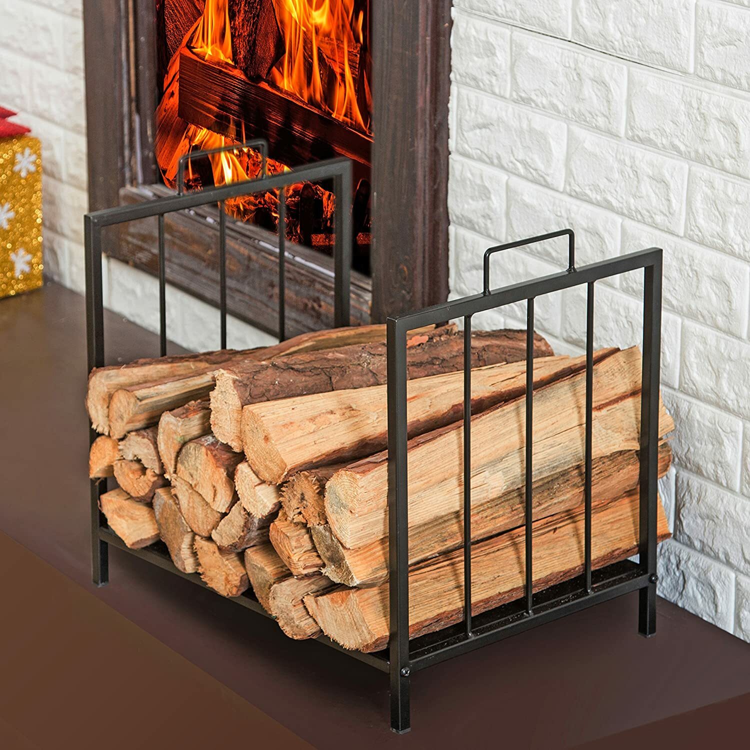 Wangbujianwang Compact Firewood Rack, Black Metal Fireplace Wood Log or
