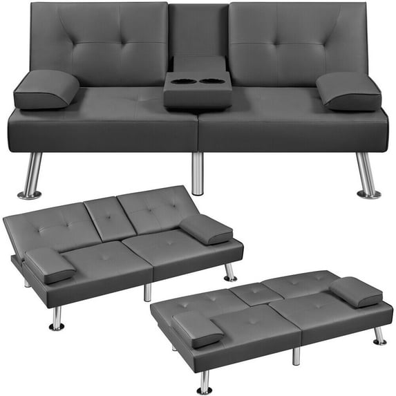 Wangbujianwang Convertible Sofa Bed Adjustable Couch Sleeper Modern Faux Leather Recliner Reversible Loveseat Folding Daybed Guest Bed, Removable Armrests, Cup Holders, 3 Angles, 772lb Capacity,Gray