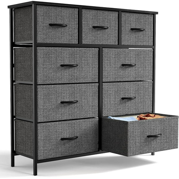 Wangbujianwang Dresser for Bedroom, 9 Storage Drawers, Wide Fabric Closet Chests Organizer Tower Furniture, TV Stand with Wooden Top Metal Frame for Clothes, Living Room, Hallway, Entryway Grey