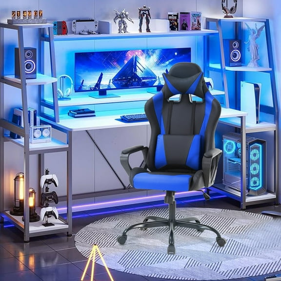 Wangbujianwang Ergonomic Racing Gaming Chair, Computer Desk Chair with 360掳 Swivel, Blue, High Back PU Leather with Lumbar Support