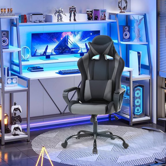 Wangbujianwang Ergonomic Racing Gaming Chair, Computer Desk Chair with 360掳 Swivel, Gray, High Back PU Leather with Lumbar Support