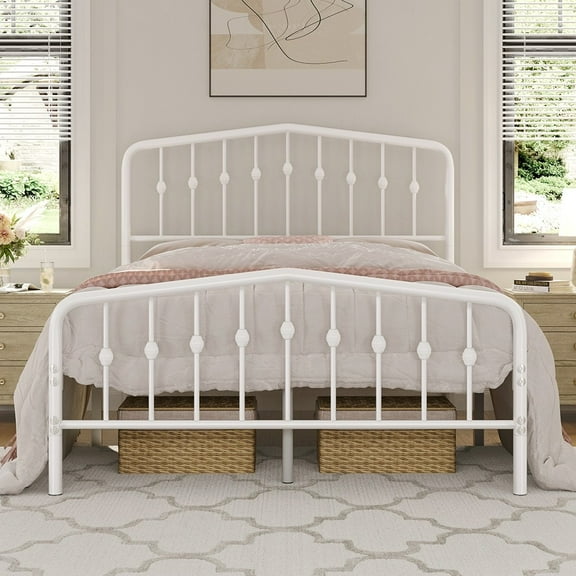Wangbujianwang Full size Metal Platform Bed Frame with Victorian Style Wrought Iron-Art Headboard/Footboard, No Box Spring Required,White