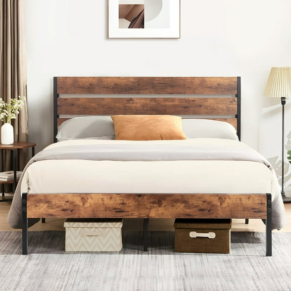 Wangbujianwang Full size Platform Bed Frame with Rustic Wood Headboard and Footboard, Mattress Foundation, Strong Metal Slats Support, No Box Spring Needed