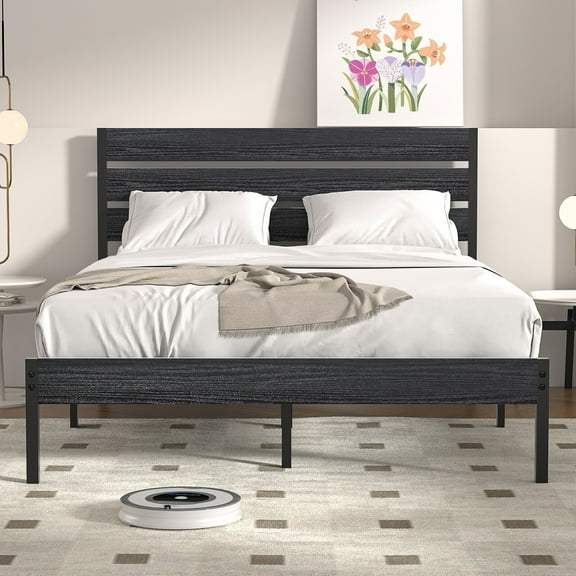 Wangbujianwang Full size Platform Bed Frame with Rustic Wood Headboard and Footboard, Mattress Foundation, Strong Metal Slats Support, No Box Spring Needed