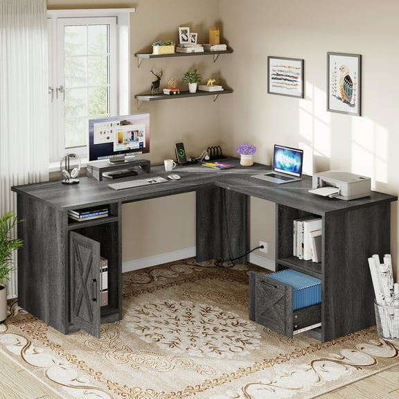 Wangbujianwang L Shaped Desk with File Drawer, 60" Corner Computer Desk with Power Outlets, Home Office Desk with Monitor Stand & Storage Shelves & File Cabinet, Grey
