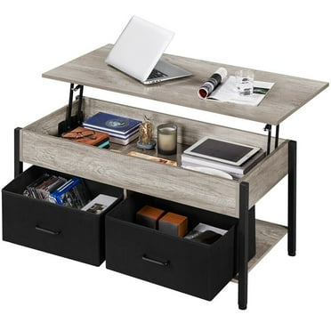 Wangbujianwang Lift-top Coffee Table with 2 Fabric Baskets & Hidden Storage Compartment, Raisable Top Coffee Table Industrial Center Table with Shelf for Living Room,Gray