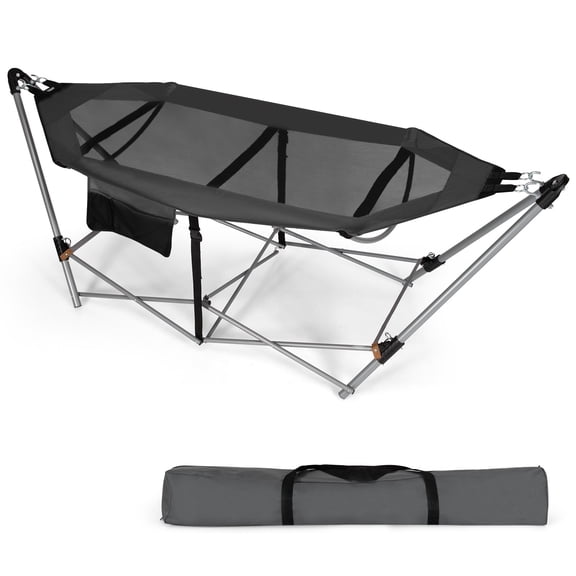 Wangbujianwang Portable Folding Hammock, Lounge Camping Bed with Hammock Stand, Indoor & Outdoor Hammocks w/Side Pocket, Anti-tip Buckles & Iron Stand for Camping Outdoor Patio Yard Beach,Grey