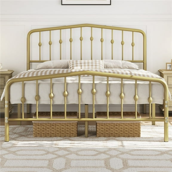 Wangbujianwang Queen size Metal Platform Bed Frame with Victorian Style Wrought Iron-Art Headboard/Footboard, No Box Spring Required,Antique Gold