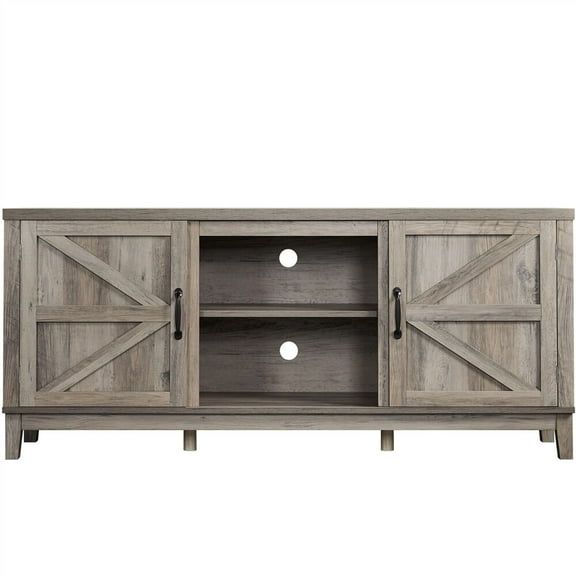 Wangbujianwang TV Stand with Fireplace for TVs Up to 65 Inch, Media Console Table with Barn Doors, Electric Heater, Adjustable Brightness & Remote, Wooden,Grey