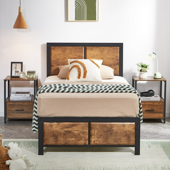 Wangbujianwang Twin size Bed Frame with Wood Headboard and Footboard, 15 Inch Platform Mattress Foundation, No Box Spring Needed, Heavy Duty Slats Support, Easy Assembly