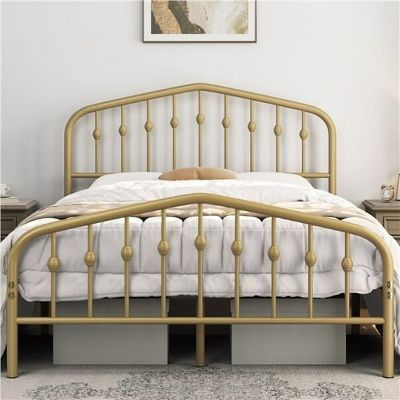 Wangbujianwang Twin size Metal Platform Bed Frame with Victorian Style Wrought Iron-Art Headboard/Footboard, No Box Spring Required,Antique Gold