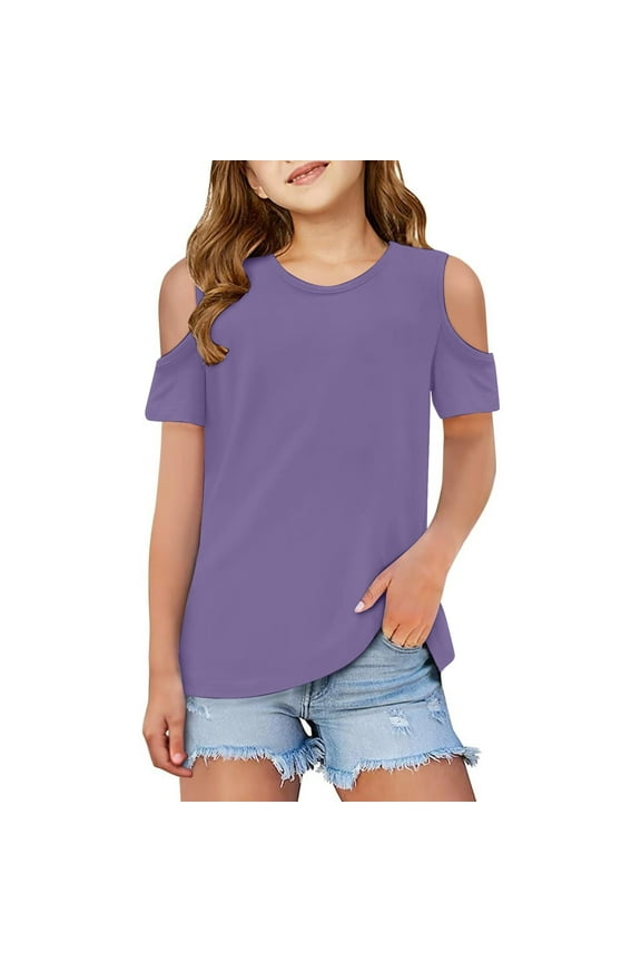 Children Kids Girls Short Sleeve Shirts Cute Crew Neck Cold Shoulder Tee Top Big Tall Top