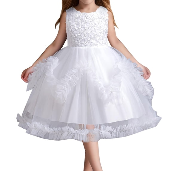 Wangkekeji Children's Solid Color Irregular Mesh Lace Knee Length Wedding Dress Puffy Dress Skirt Girls Flower Power Dress