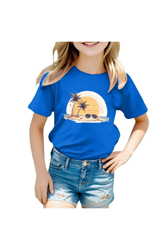 Boys Girls' Island Print Casual T Shirt Fashion Kids' Comfort Fit Top For Beach & Daily Wear Shorts for Girls Size 6