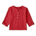 thumbnail image 1 of Wangkekeji Linen Shirts For Girl 3/4 Sleeve V Neck Blouses Buttons Loose Fit T Shirts Solid Color Summer Holiday Tops Youth Medium Long Sleeve Shirts, 1 of 7