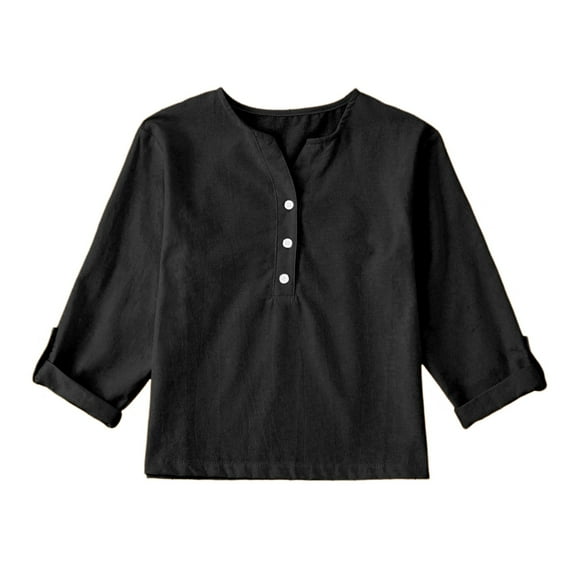 Wangkekeji Linen Shirts For Girl 3/4 Sleeve V Neck Blouses Buttons Loose Fit T Shirts Solid Color Summer Holiday Tops Youth Medium Long Sleeve Shirts
