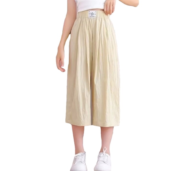 Wangkekeji Pants for Girls Premature Girl Clothes Girls Casual Pants Summer Elastic Waist Wide Leg Cropped Pants For Everyday Wear Age 8 14 Comfortable Breathable Outfit With Sneakers