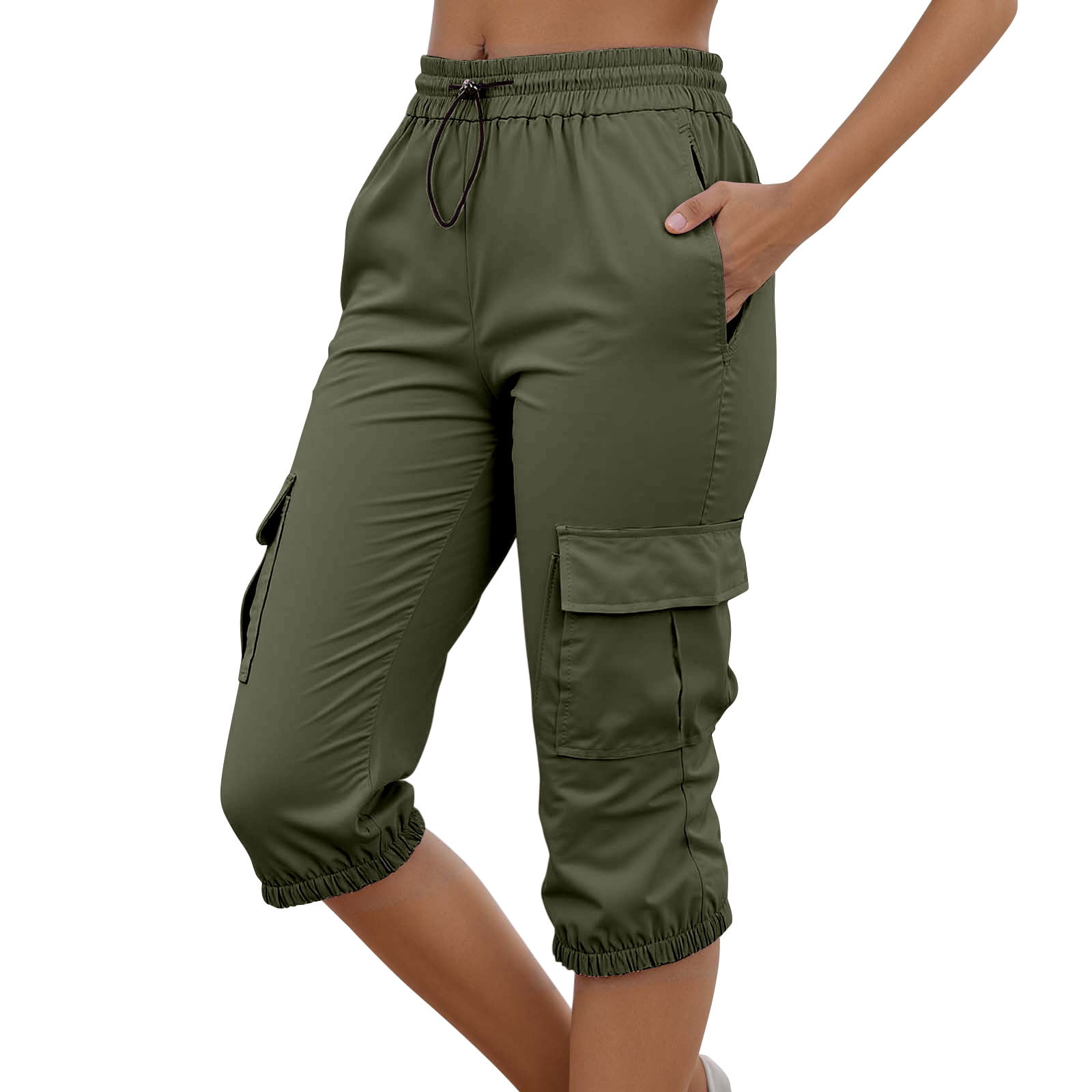 Wangmeiwg 2025 Women's Elastic Waistband Pocket Solid Color Quarter ...