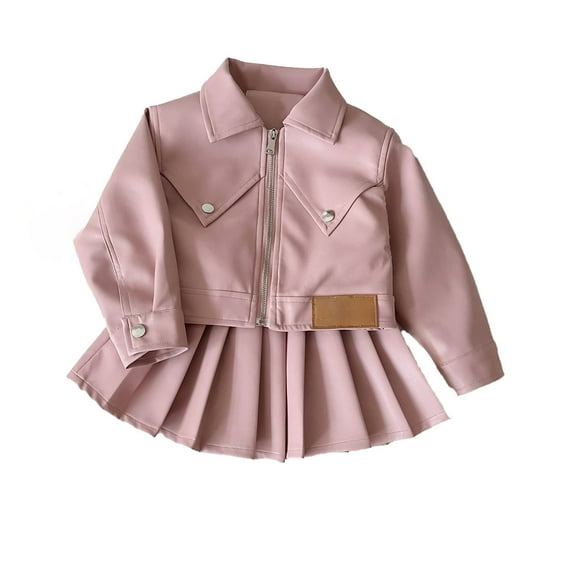 Wangmeiwg Autumn Korean Fashion Girls Coat with Pleated Skirt Cool Casual Jacket Childrens Motorcycle Outerwear Set 3-4 Years Pink