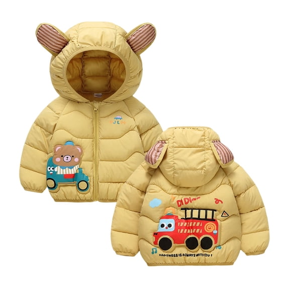 Wangmeiwg Boys Winter Warm Down Jacket With Adorable Cartoon Train Print Hooded Thickened Padded Coat For Cold Weather Outwear 3-4 Years Yellow