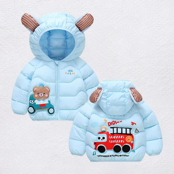 Wangmeiwg Boys Winter Warm Down Jacket With Cute Cartoon Train Print Hooded Thickened Padded Coat For Cold Weather Outwear 3-4 Years Blue