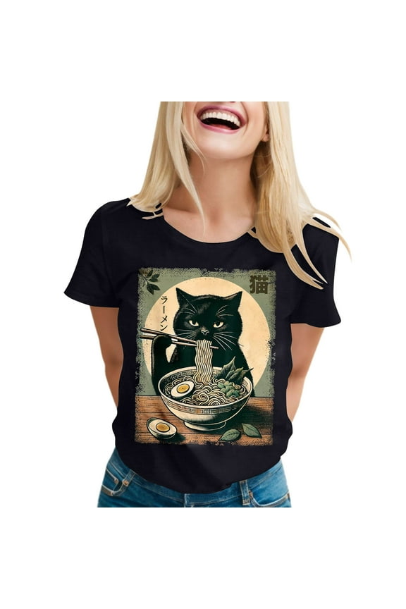 Cat Ramen Funny Graphic Tees Cat Anime T Shirt Miss Long Sleeve Shirts for Women