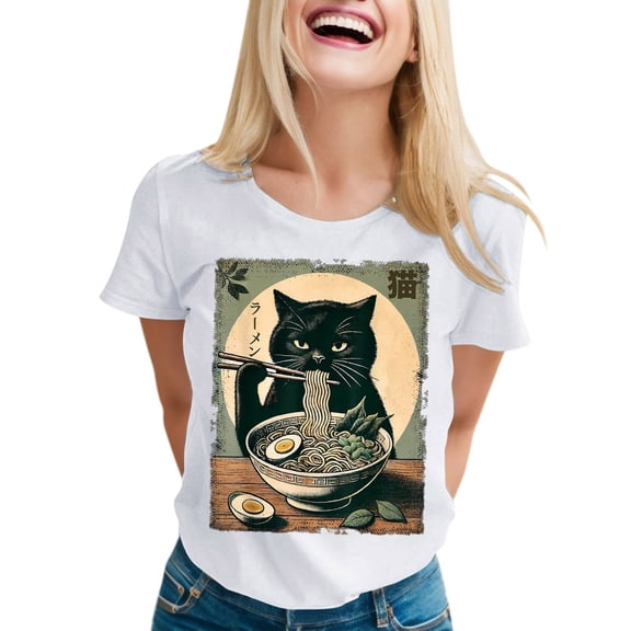 Wangmeiwg Cat Ramen Funny Graphic Tees Cat Anime T Shirt Miss Long Sleeve Shirts for Women