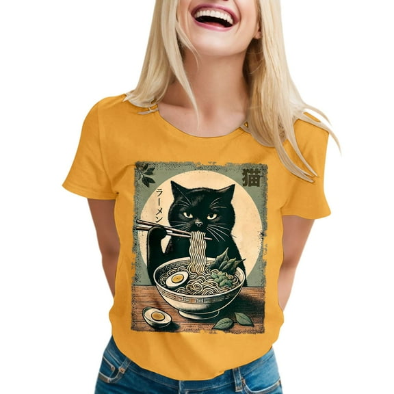 Wangmeiwg Cat Ramen Funny Graphic Tees Cat Anime T Shirt Miss Long Sleeve Shirts for Women