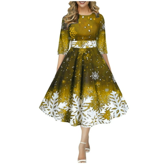 Wangmeiwg Christmas Dresses for Women Christmas Snowflake Print Long Casual Dress for Women with Round Neck and Half Sleeve Elegant Design L Gold