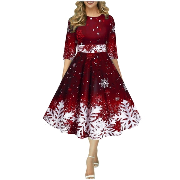 Wangmeiwg Christmas Dresses for Women Christmas Snowflake Print Long Casual Dress for Women with Round Neck and Half Sleeve Elegant Design XXL Red