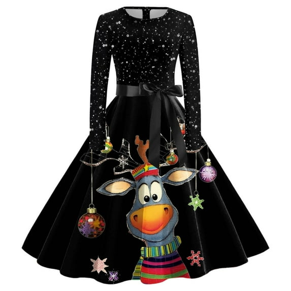 Wangmeiwg Christmas Dresses for Women Elegant Women's Casual Long Sleeve O Neck Party Dress for Evening Prom Beach Christmas Fashion L Black
