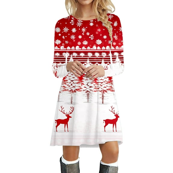 Wangmeiwg Christmas Dresses for Women Women Autumn Winter Casual Fashion Christmas Print Round Neck Long Sleeve Elegant Party Dress S White