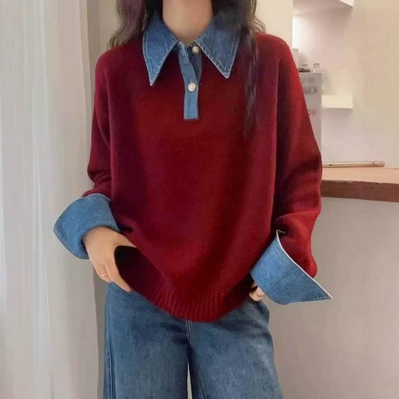 Wangmeiwg Denim Blend Knit Pullover Top with Neck for Everyday Comfort and Cozy Winter Warmth Red XXL