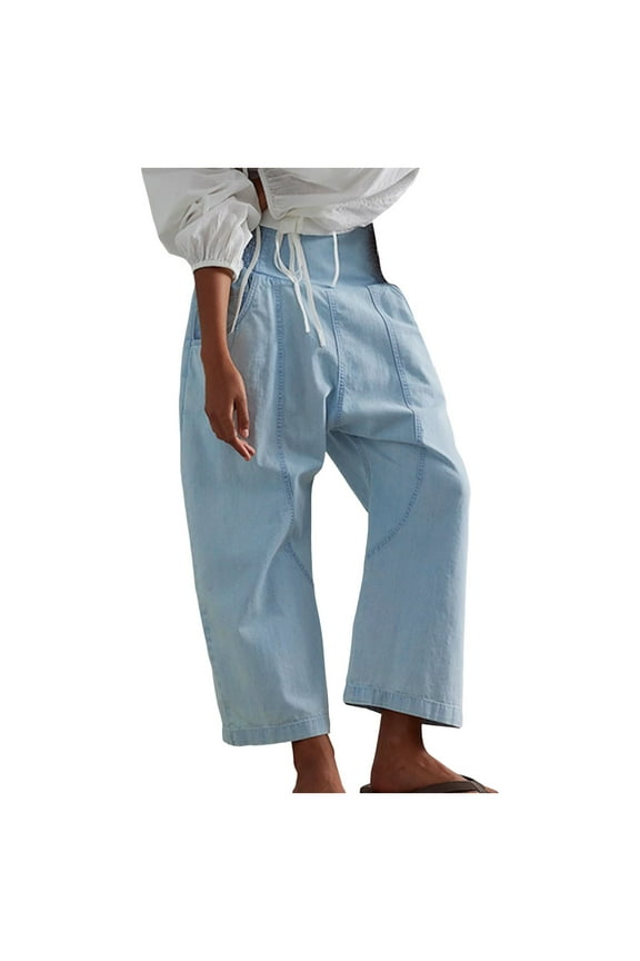 Denim Harem Pants For Women Loose Fit Wide Leg Cropped Barrel Jeans Dress Pants with Pockets