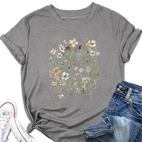 Wangmeiwg Elegant Casual Floral Print Round Neck Short Sleeve Women's T Shirt Shirt Light